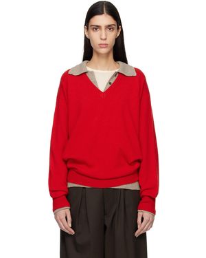 Ssstein Pull Rouge En Tricot De Cachemire À Col En V
