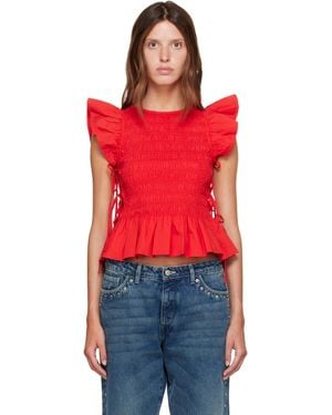 Ganni Smocked Cotton Blouse - Red