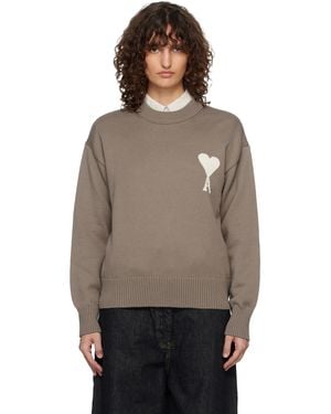 Ami Paris Taupe Wool & Cotton Crewneck Ami De Coeur Jumper - Brown