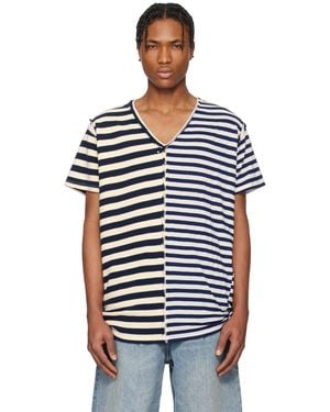 Greg Lauren Off- Slit Striped T-Shirt - Black
