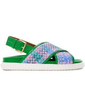 Marni Leather Fussbett Raffia-Effect Sandals - Green