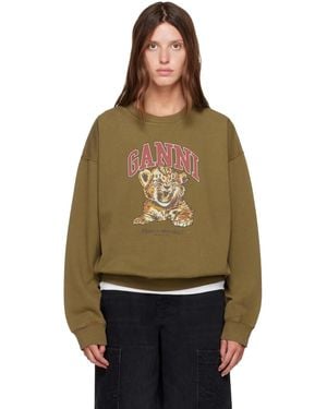 Ganni Khaki Tiger Crewneck Sweatshirt - Green