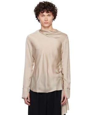 AARON ESH Taupe Draped Neck Long Sleeve Silk Blouse - Black