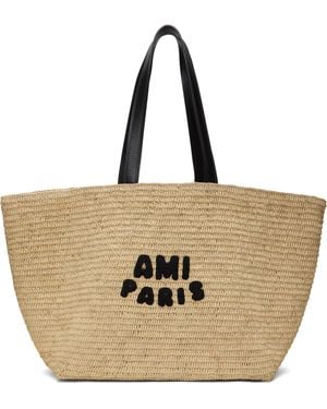 Ami Paris ベージュ レザー ラフィア トートバッグ - ナチュラル