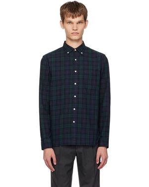 Beams Plus Chemise Bleu Marine Et Vert À Boutons - Noir