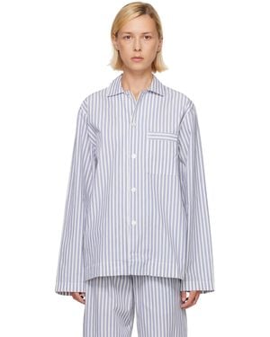 Tekla Chemise De Pyjama À Manches Longues Bleu Et Blanc En Popeline