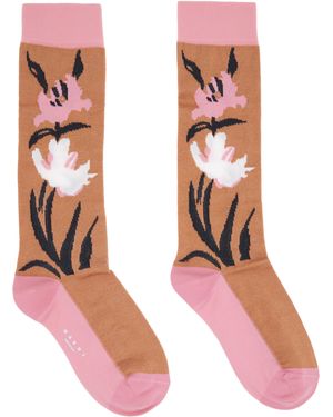 Marni Tan & Intarsia Flower Mid-Calf Socks - Pink