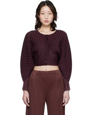 Pleats Please Issey Miyake Burgundy Rib Pleats January Cardigan - Red