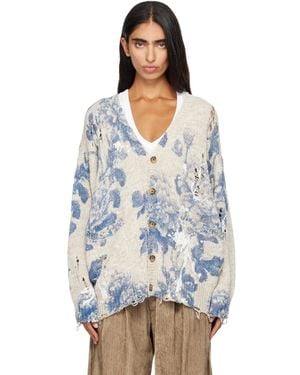 R13 Cardigan Surdimensionné Blanc Cassé Et Bleu À Motif Fleuri Imprimé
