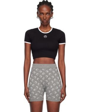 Marine Serre Moon Logo Ribbed Jersey Cropped T-Shirt - Black