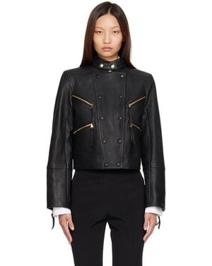 Balmain Blouson Motard Noir En Cuir D'Agneau À Boutons