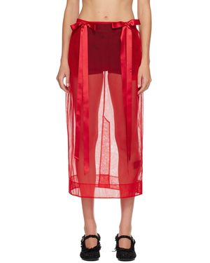 Simone Rocha Sheer Bow Ribbon Pencil Midi Skirt - Red