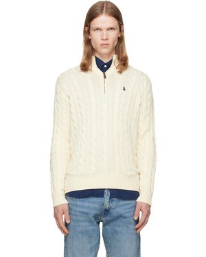 Polo Ralph Lauren Off- Cable-Knit Cotton Quarter-Zip Sweater - White