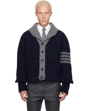 Thom Browne Cardigan Bleu Marine Et Gris À Col Châle En Intarsia