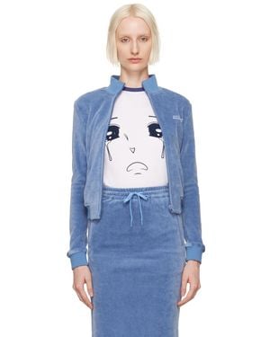 Pushbutton Crop Zip-Up Track Jacket - Blue