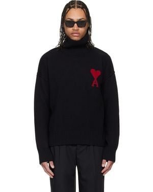Ami Paris Contrasted Ami De Coeur Funnel Neck Sweater - Black