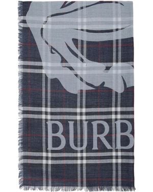 Burberry Wide Ekd Check Wool Silk Scarf - Blue