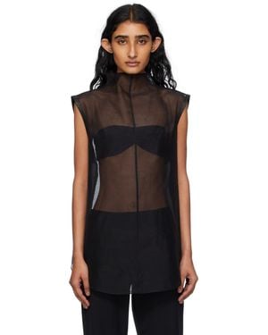 St. Agni Sheer Silk Leather Trim Blouse - Black