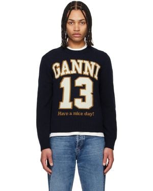 Ganni ネイビー Baseball グラフィック ウール ミックス セーター - ブラック