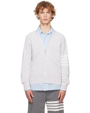Thom Browne Cardigan Décontracté Gris En Lin À Quatre Rayures - Blanc
