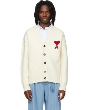 Ami Paris Off- Wool Contrasted Ami De Coeur Cardigan - White