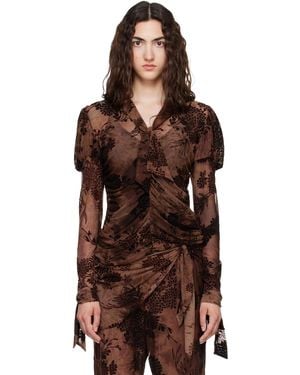 Anna Sui Dahlia Tulle Knit Long Sleeve Blouse - Brown