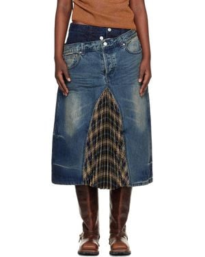 ANDERSSON BELL Khaki Pleats Combo Flipped Denim Midi Skirt - Blue