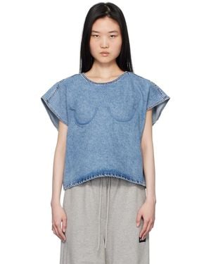 Pushbutton Bra Point Sleeveless Denim Top - Blue