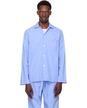 Tekla Poplin Long Sleeve Pyjama Shirt - Blue