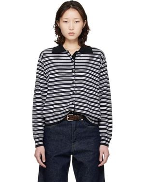 Cordera Cardigan De Style Polo Noir Et Blanc En Laine Mérinos À Rayures