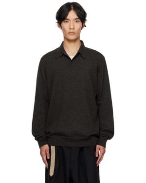 Maison Margiela ブラウン スエード エルボーパッチ ニットポロシャツ - ブラック