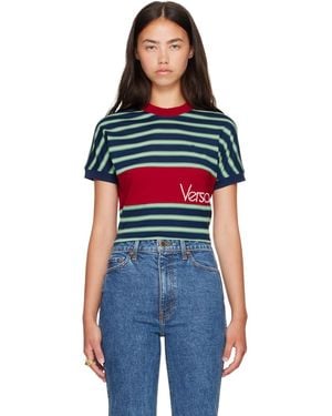 Versace Embroidered-Logo Striped-Intarsia Cotton T-Shirt - Blue