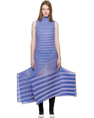 Issey Miyake Generic Stripes Machine Pleats Midi Dress - Blue