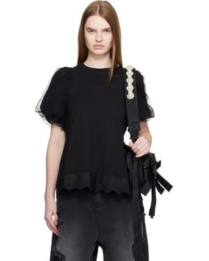 Simone Rocha Tulle Overlay Puff Sleeve Lace Trim T-Shirt - Black