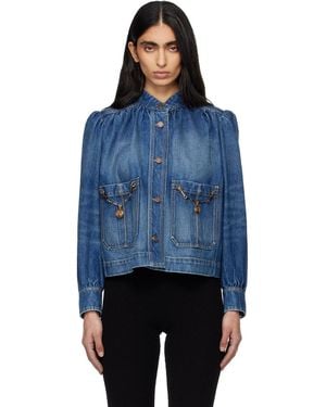 Chloé High-Neck Gathered Denim Jacket - Blue