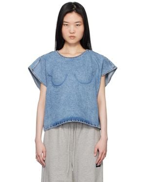 Pushbutton Bra Point Sleeveless Denim Top - Blue