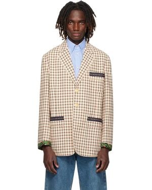 Valentino Check Pattern Single-Breasted Cotton Blazer - Natural