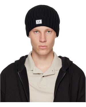 C.P. Company Extrafine Merino Wool Logo Beanie - Black