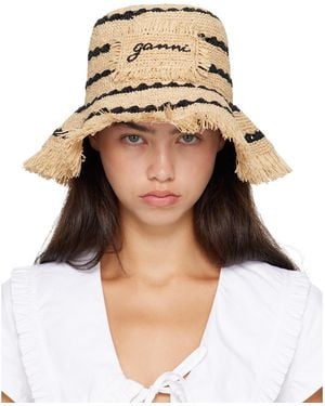 Ganni Tan Striped Raffia Bucket Hat - Brown
