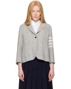 Thom Browne Veston Décontracté Et Écourté Gris En Tweed À Bords Effilochés Et À Quatre Rayures