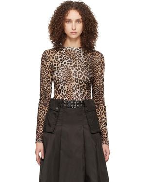 Ganni Leopard Printed Mesh Long Sleeve T-Shirt - Black