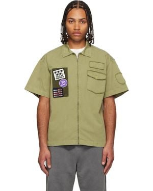 Palm Angels Khaki Military Patch Zipped Shirt - Green
