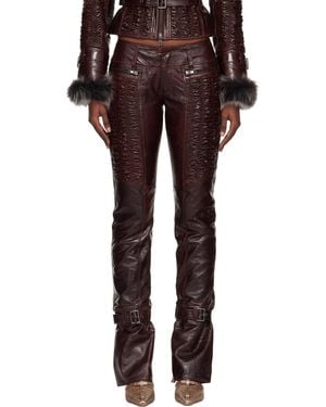 KNWLS Smocked Straight Leg Leather Trousers - Red