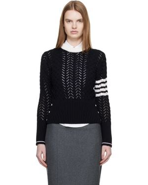 Thom Browne Thom E Cable Pointelle Stitch Classic 4-bar Sweater - Black