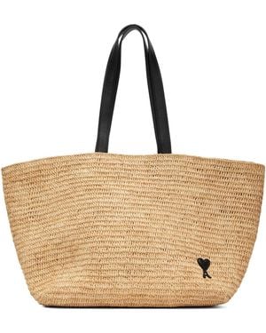 Ami Paris Natural Raffia Ami De Coeur Tote - Brown