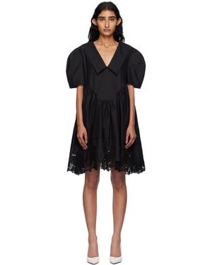 Pushbutton Lace Hem Puff Minidress - Black