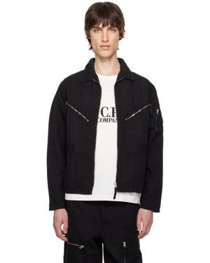 C.P. Company ブラック コットン リネン フルジップ オーバーシャツ