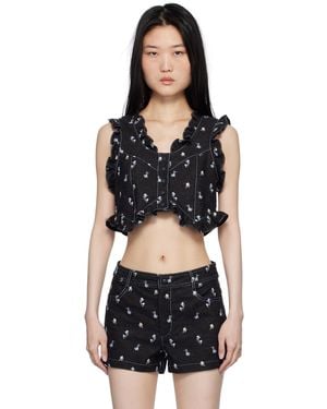 Anna Sui Embroidered Roses Cropped Denim Vest - Black