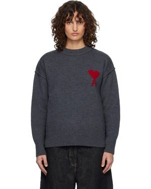 Ami Paris Wool Crewneck Ami De Coeur Jumper - Blue