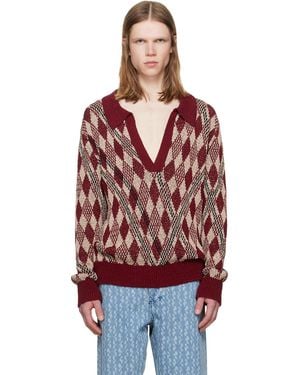 Dries Van Noten Burgundy Argyle Polo - Red
